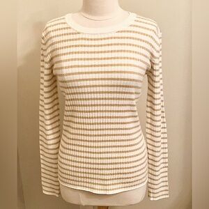 Nine West Cream Gold Metallic Striped Long Sleeve Ribbed Coastal Sweater Size L